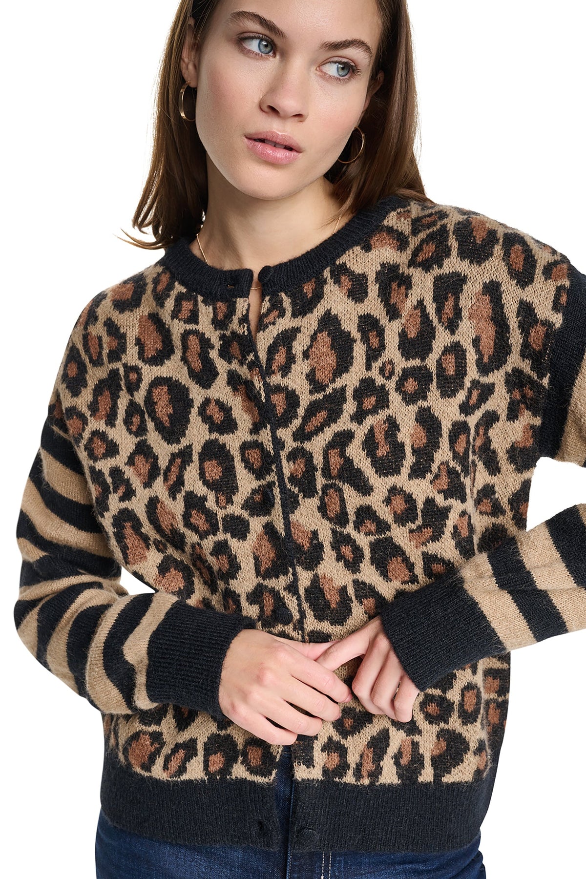 DKNY MIXED CHEETAH AND STRIPE CARDIGAN