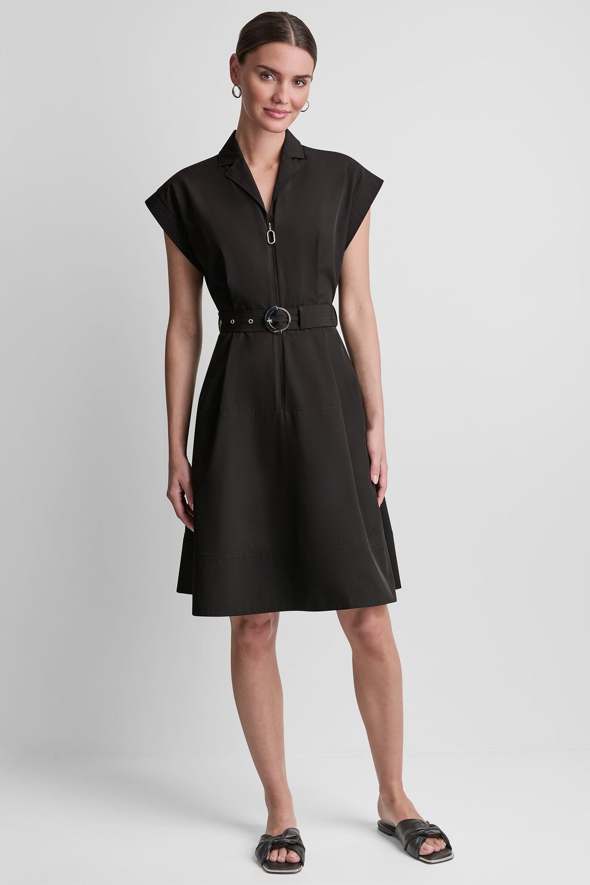 DKNY CAP SLEEVE ZIP-FRONT SHIRT DRESS