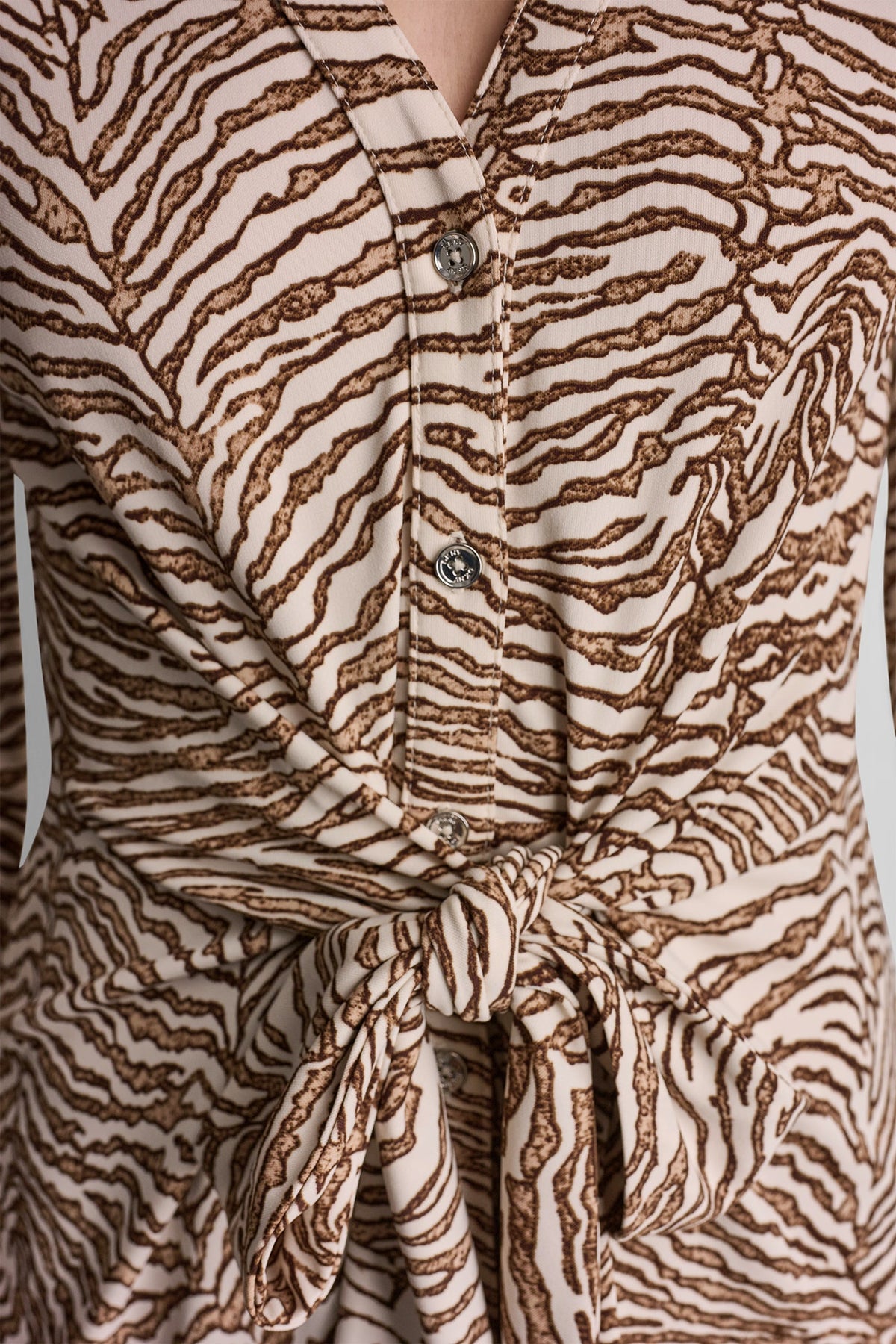 DKNY 3/4 SLEEVE ZEBRA PRINT TIE-FRONT MIDI SHIRT DRESS