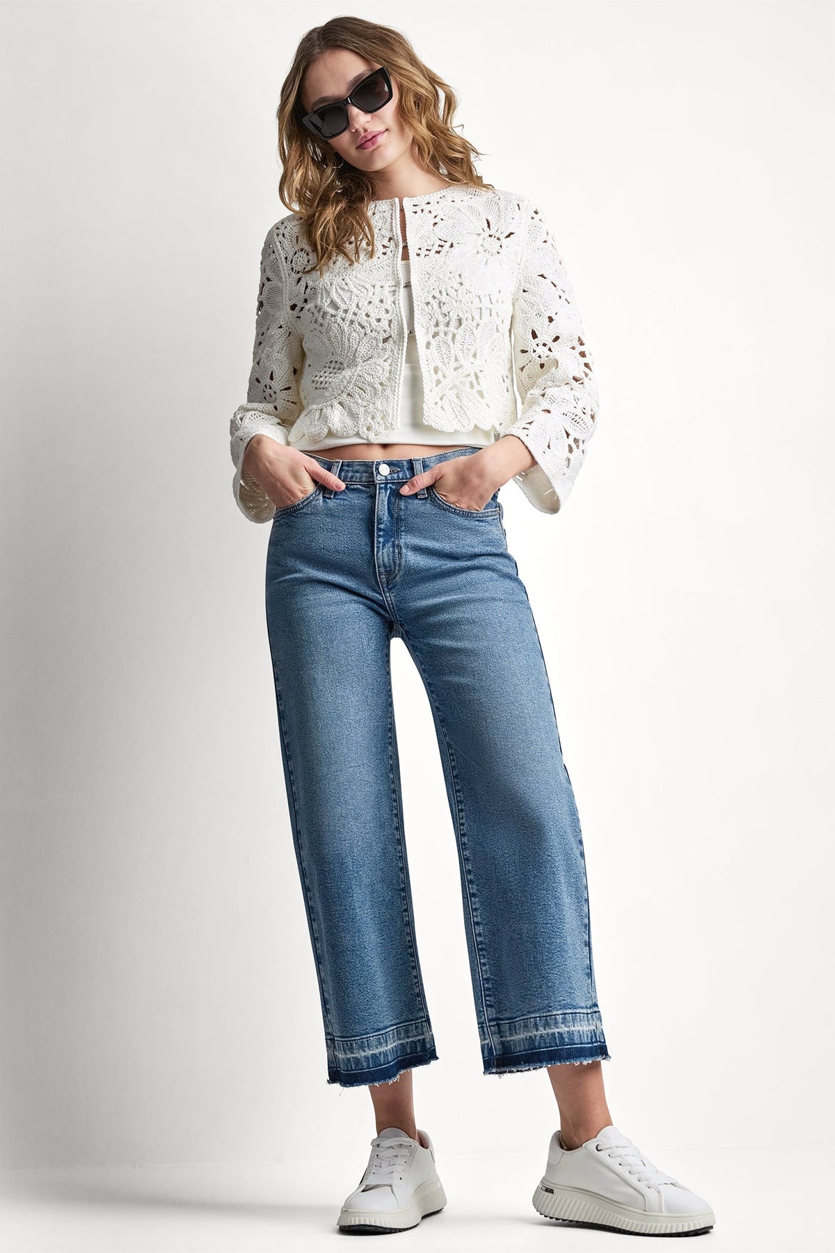 DKNY FLORAL CROCHET CARDIGAN WITH SCALLOP HEM
