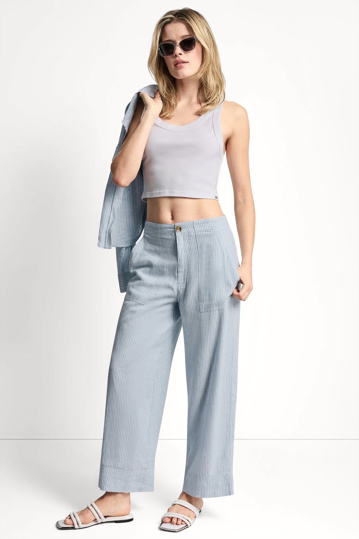 DKNY CROPPED WIDE LEG LINEN-BLEND PANTS