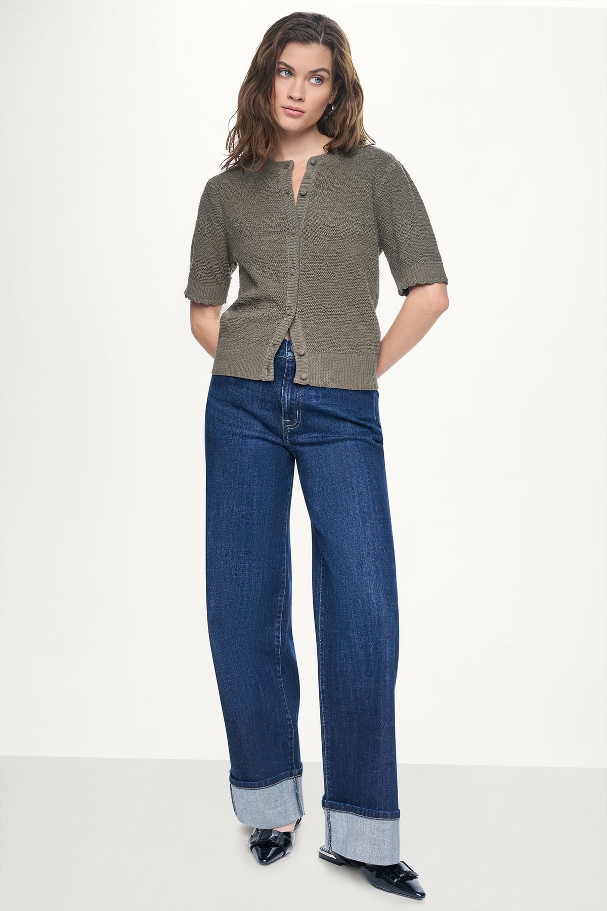 DKNY ELBOW SLEEVE CHENILLE CARDIGAN