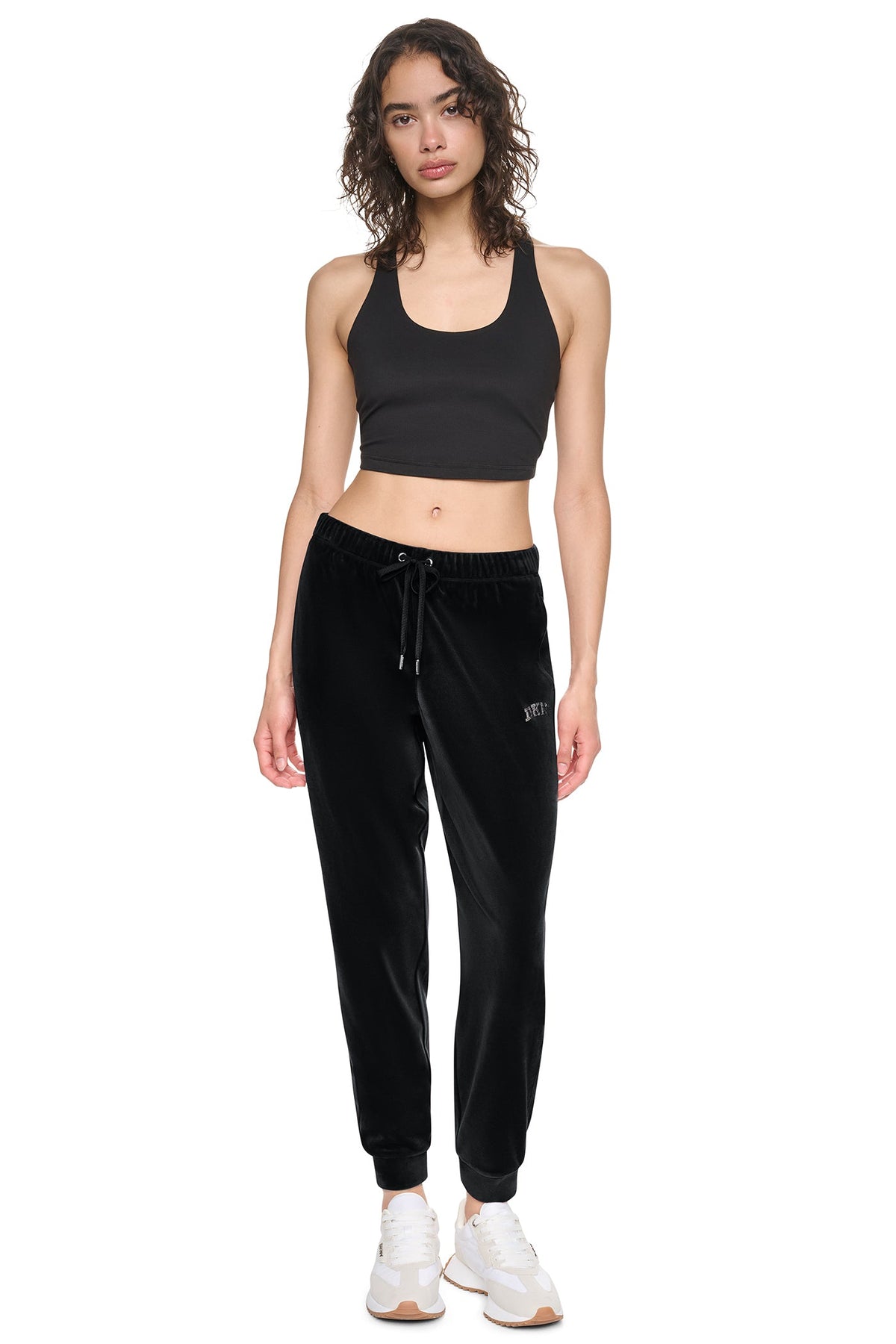 DKNY VARSITY VELOUR RHINESTONE LOGO MID-RISE JOGGER