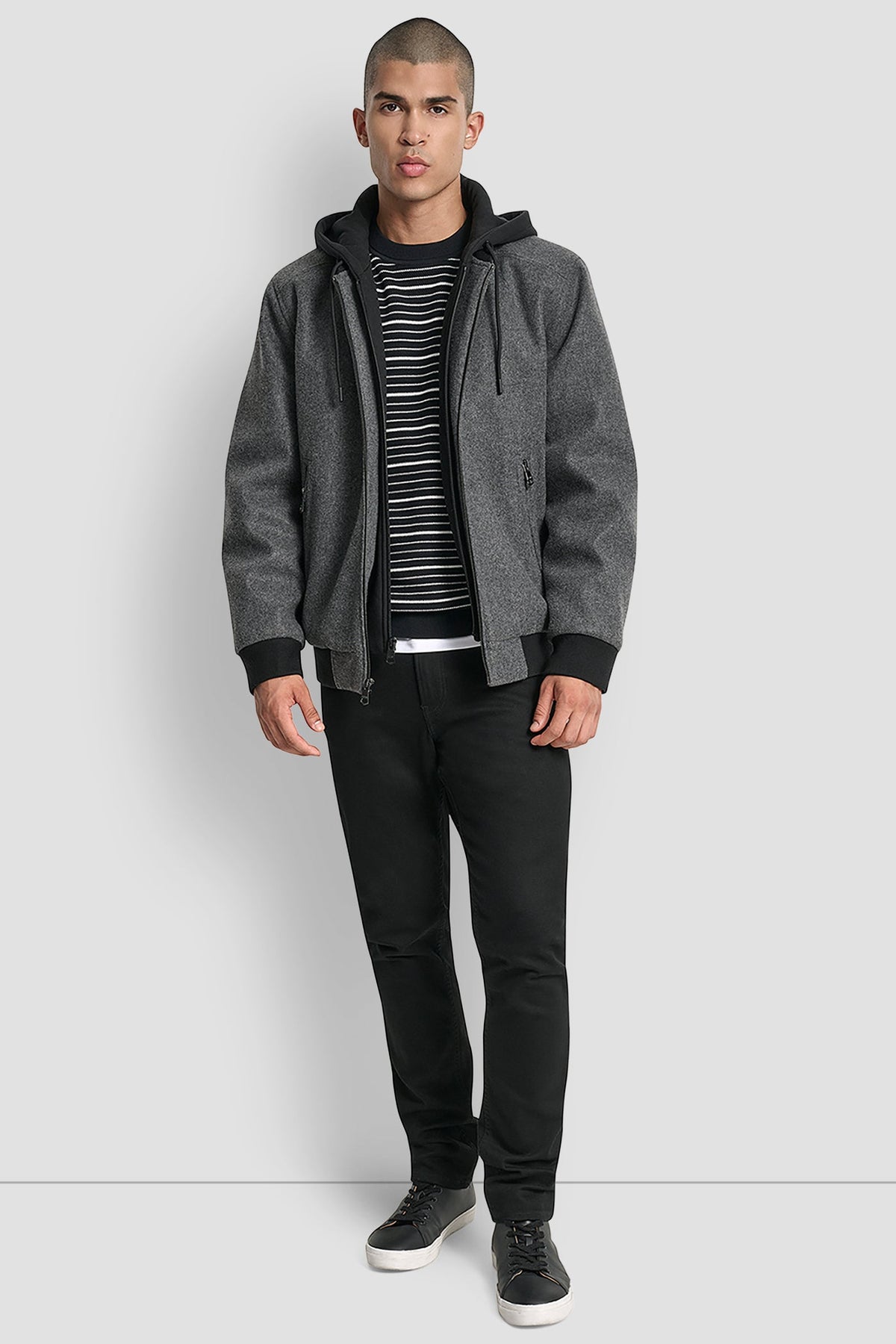 DKNY FAUX WOOL BOMBER WITH HOODED BIB
