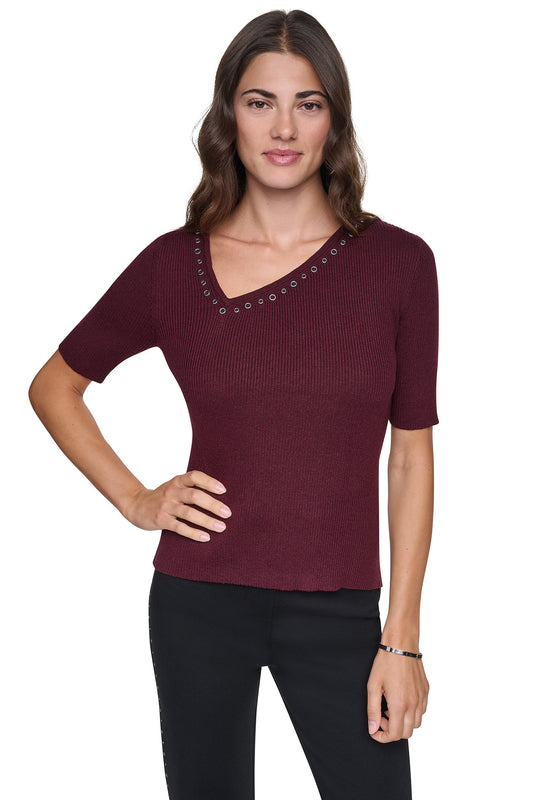DKNY ASYMMETRIC NECK STUDDED SWEATER