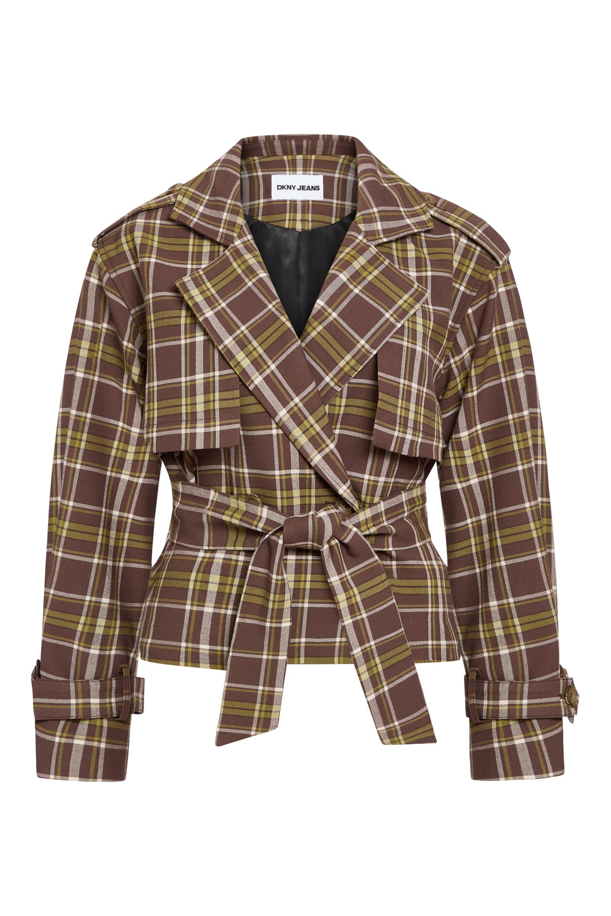 DKNY PLAID DOUBLE BREASTED SHORT TRENCH