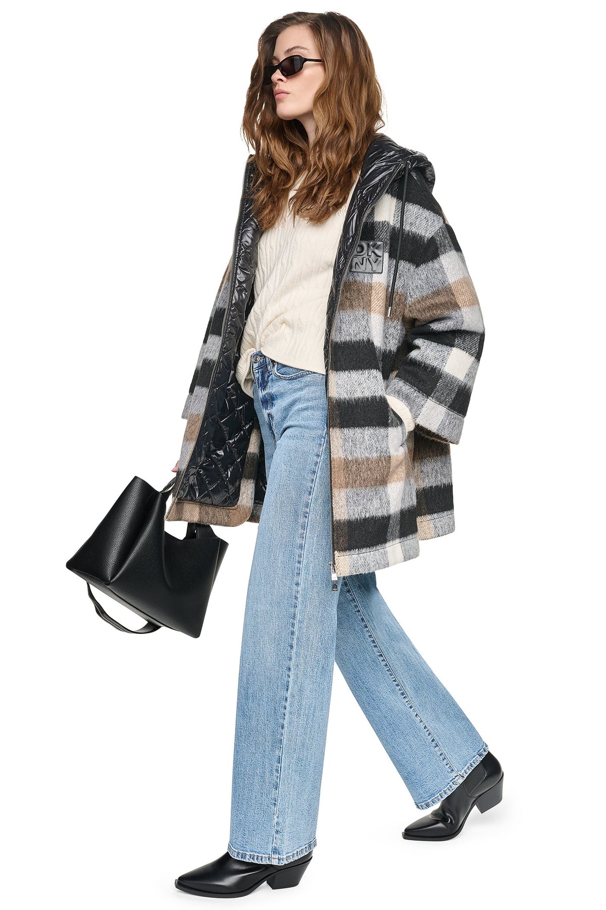 DKNY PLAID HOODED CAPE COAT