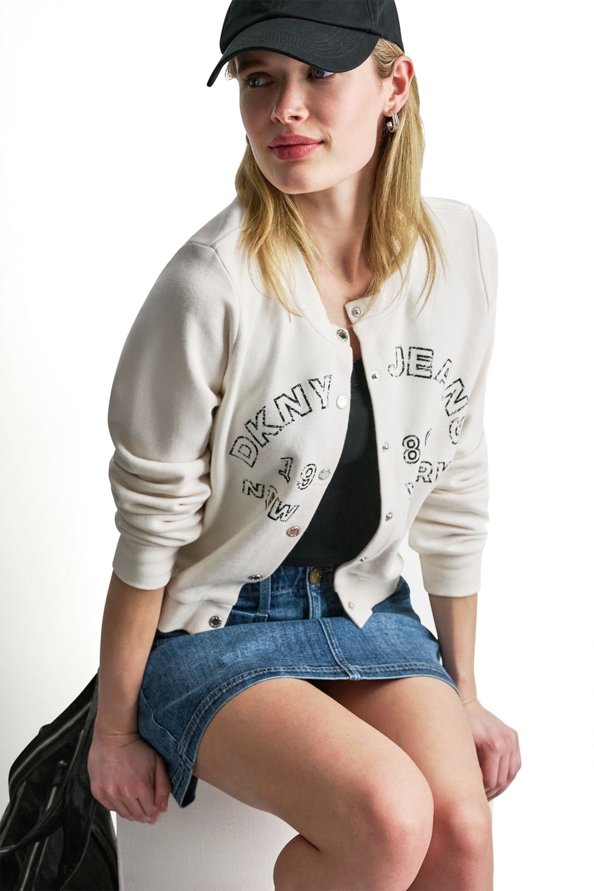 DKNY BUTTON FRONT SHRUNKEN LOGO JACKET