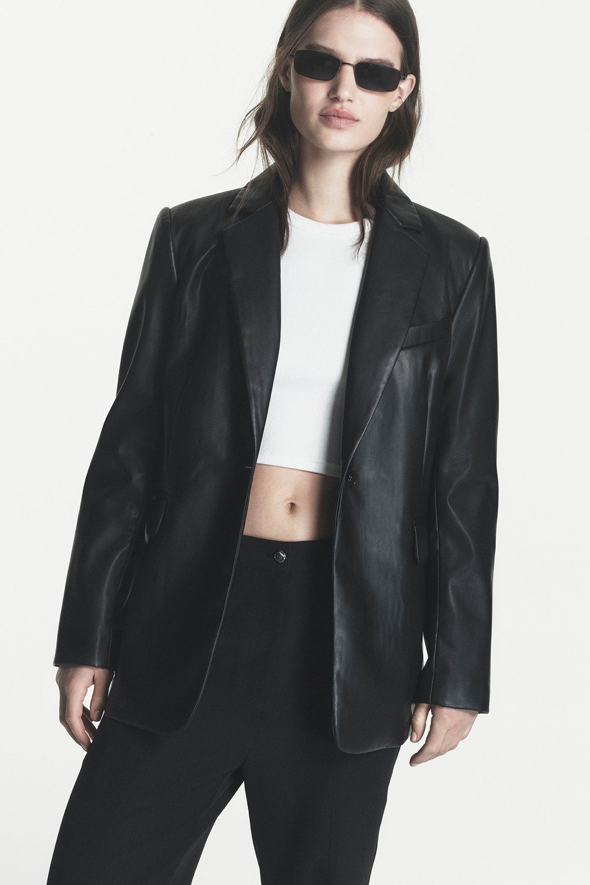 DKNY FAUX LEATHER ONE BUTTON BLAZER