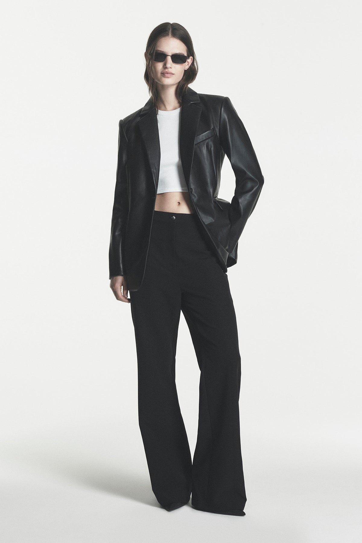 DKNY FAUX LEATHER ONE BUTTON BLAZER