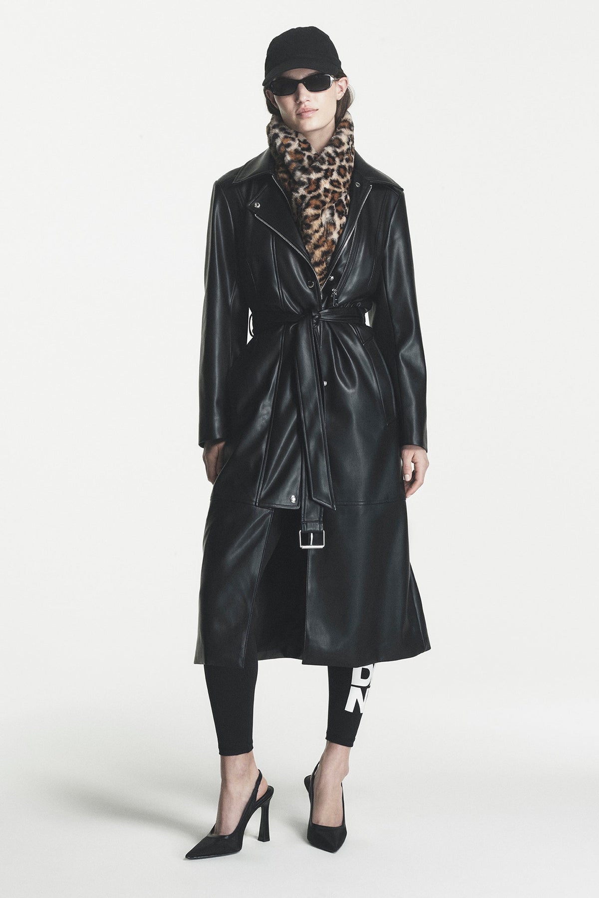 DKNY FAUX LEATHER BELTED TRENCH