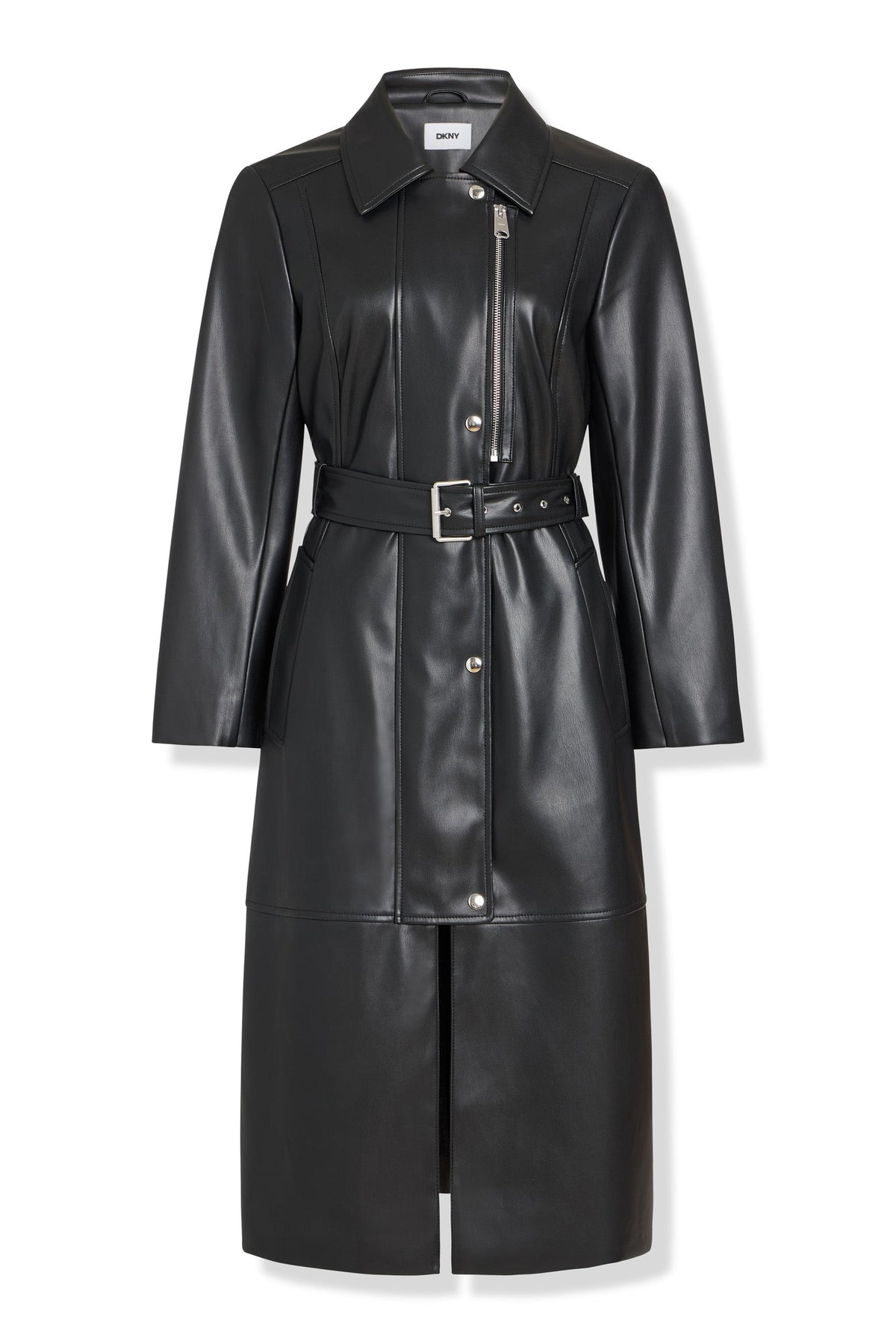 DKNY FAUX LEATHER BELTED TRENCH
