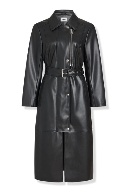 DKNY FAUX LEATHER BELTED TRENCH