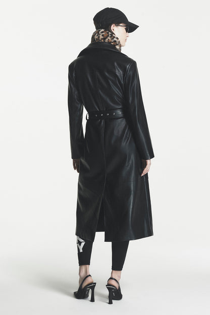 DKNY FAUX LEATHER BELTED TRENCH