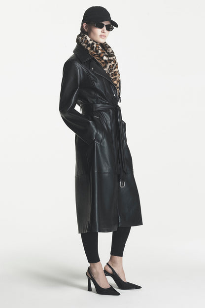 DKNY FAUX LEATHER BELTED TRENCH