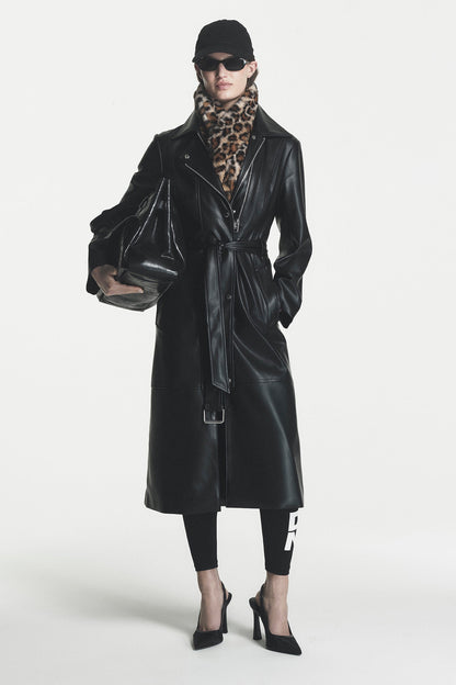 DKNY FAUX LEATHER BELTED TRENCH