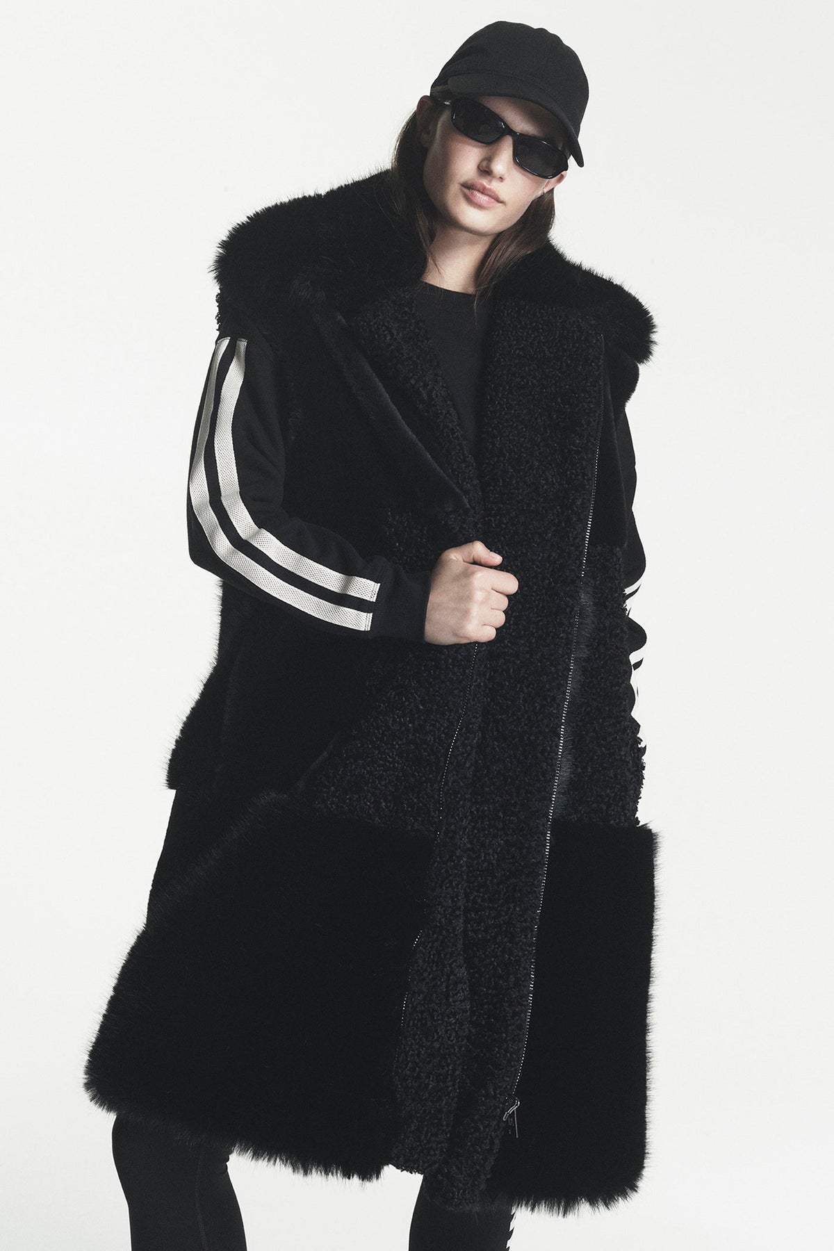 DKNY PATCH FAUX FUR LONG VEST