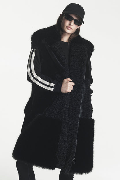 DKNY PATCH FAUX FUR LONG VEST