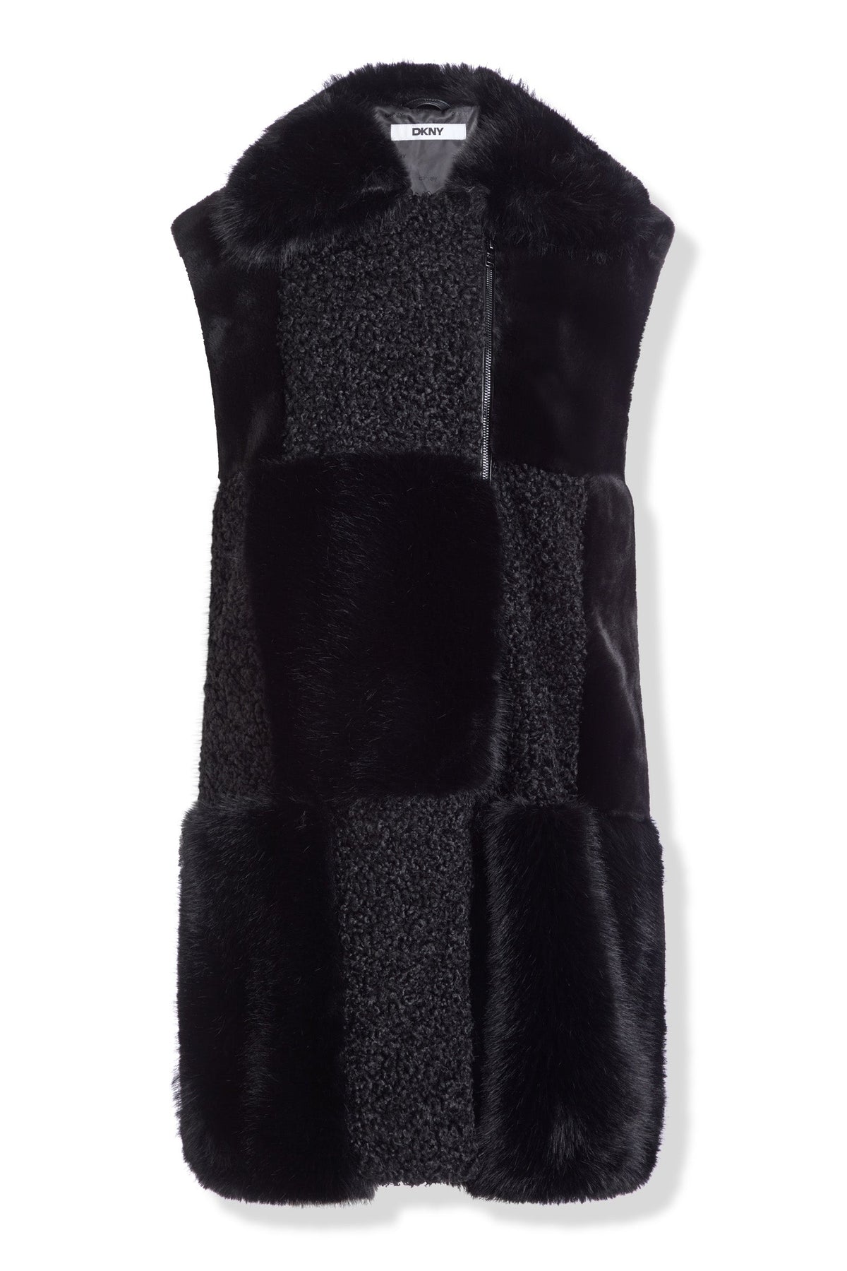 DKNY PATCH FAUX FUR LONG VEST