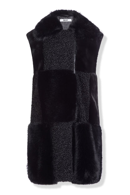 DKNY PATCH FAUX FUR LONG VEST