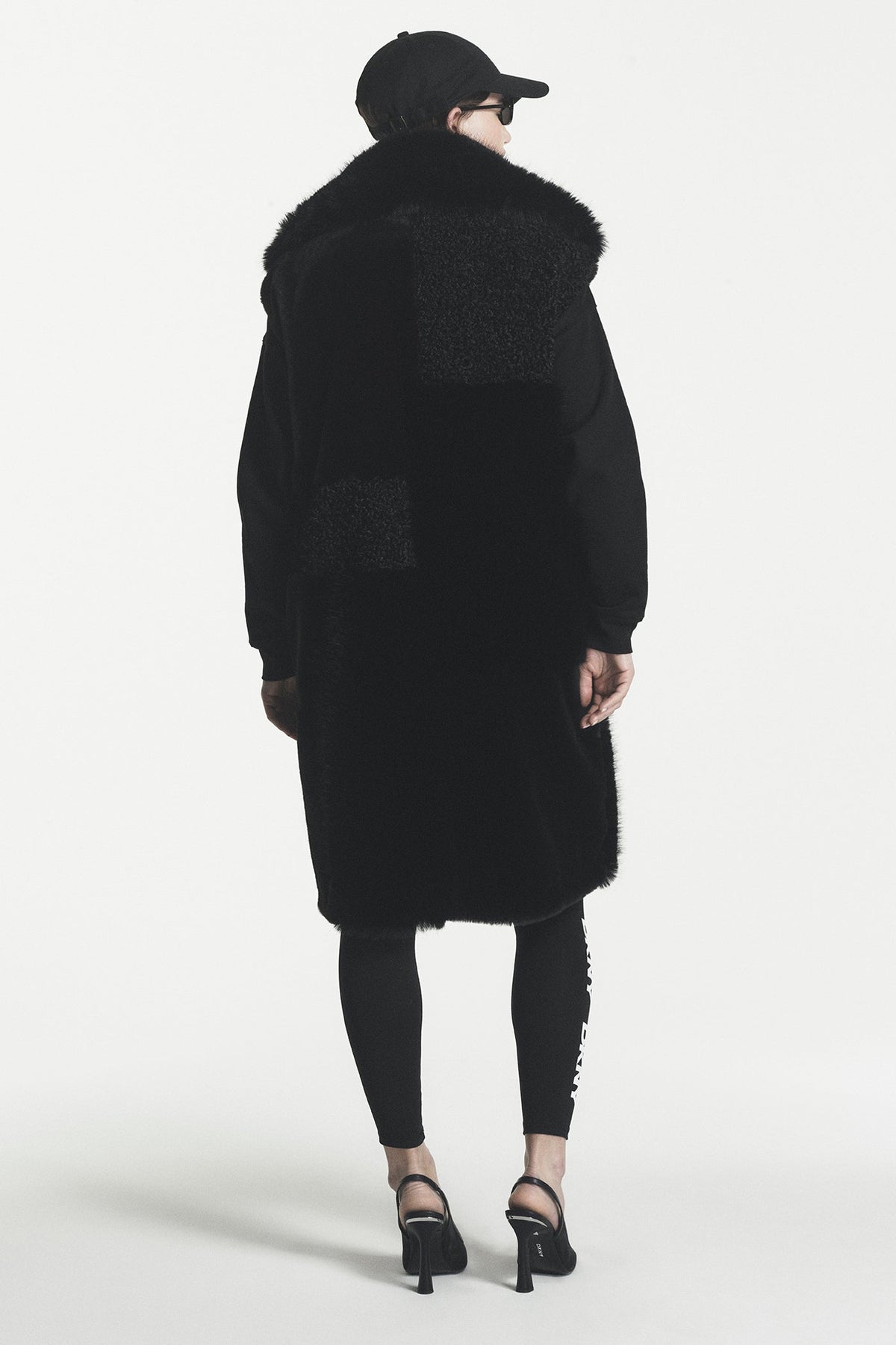 DKNY PATCH FAUX FUR LONG VEST