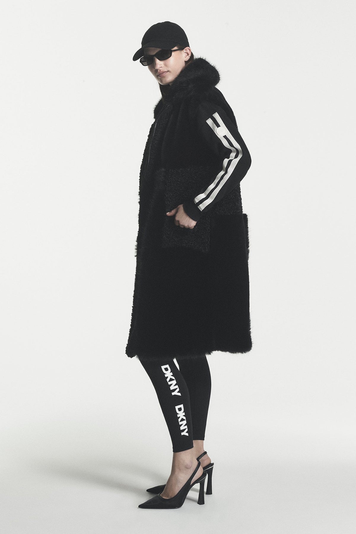 DKNY PATCH FAUX FUR LONG VEST