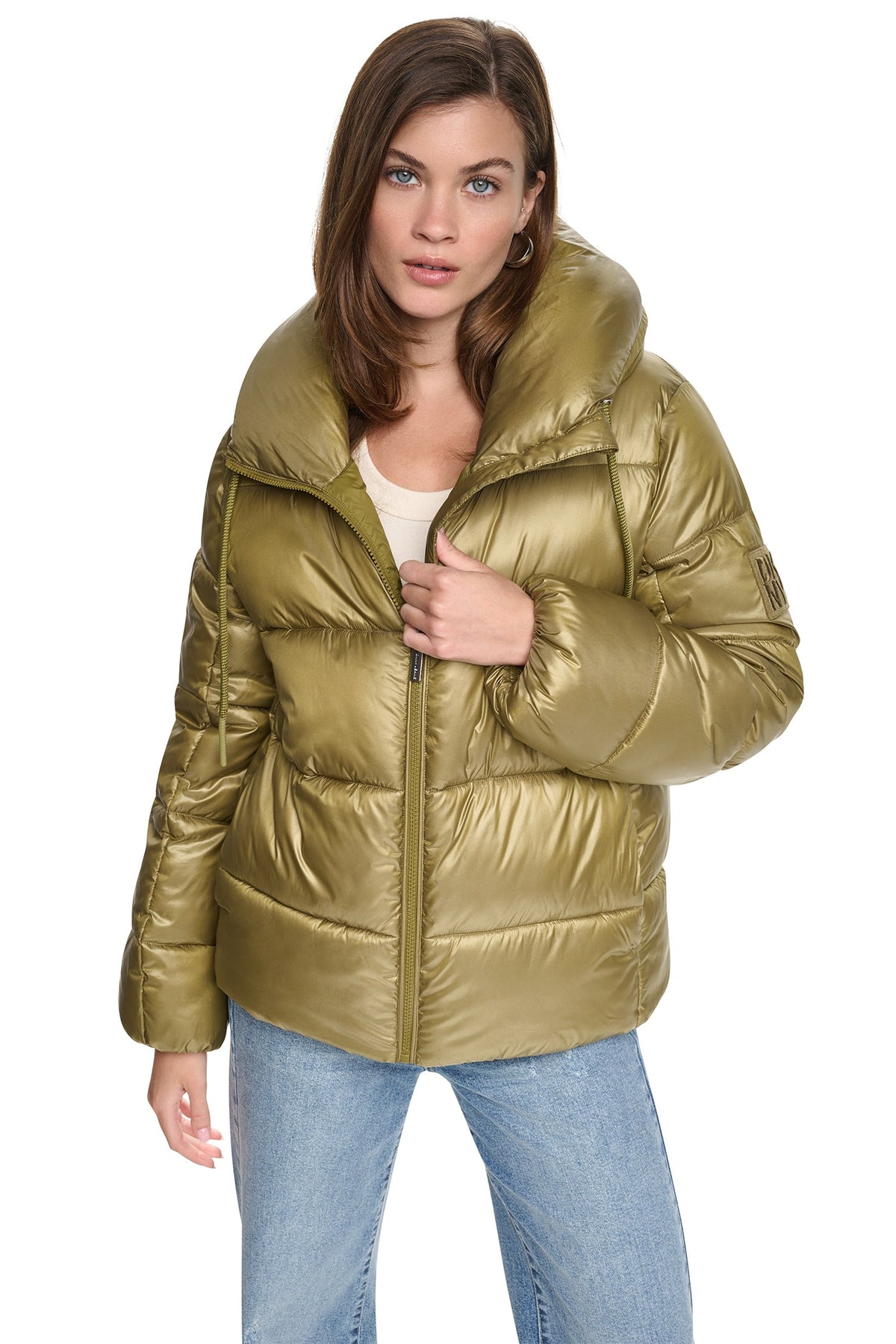 DKNY QUILTED PUFFER WITH DRAMA COLLAR