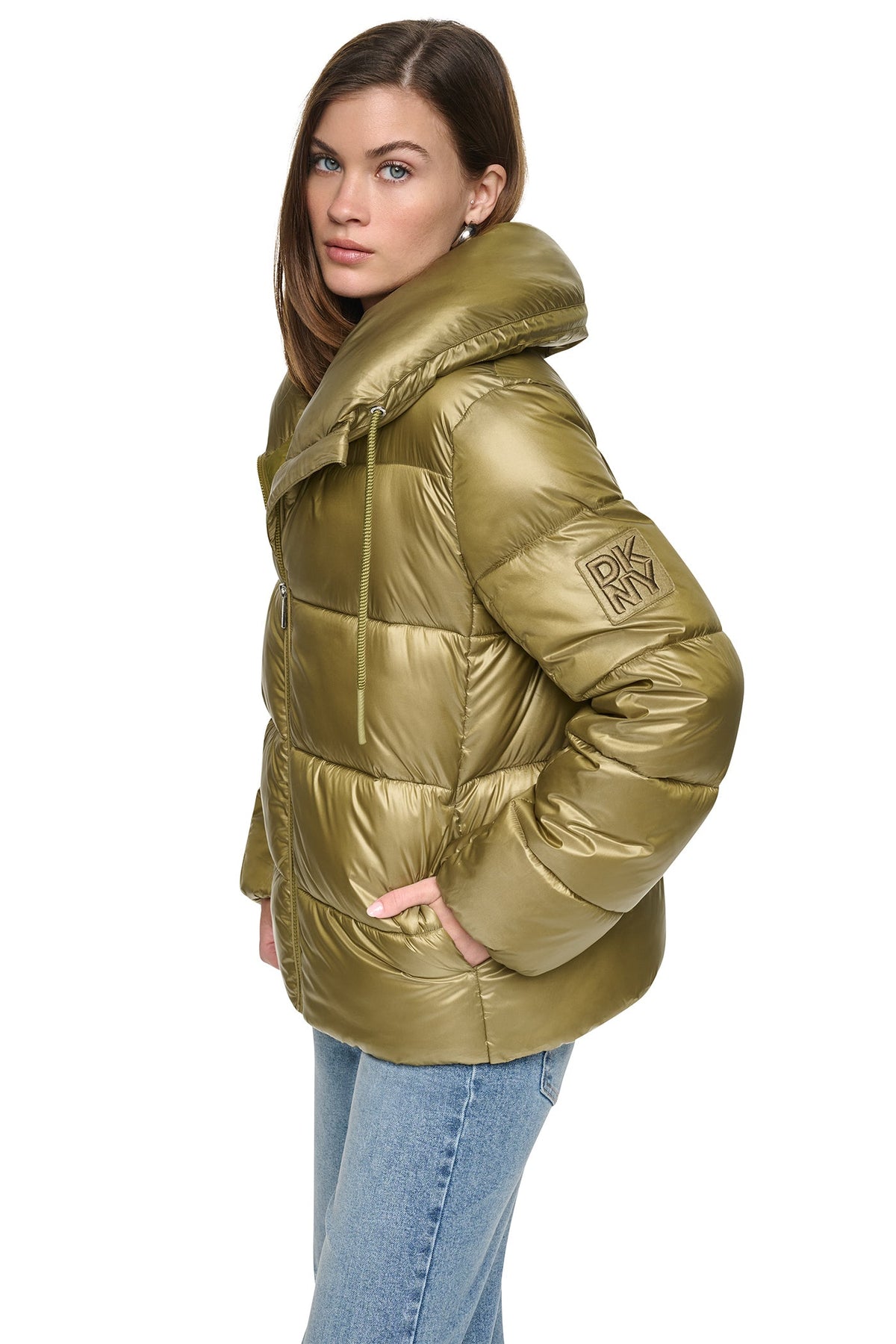 DKNY QUILTED PUFFER WITH DRAMA COLLAR