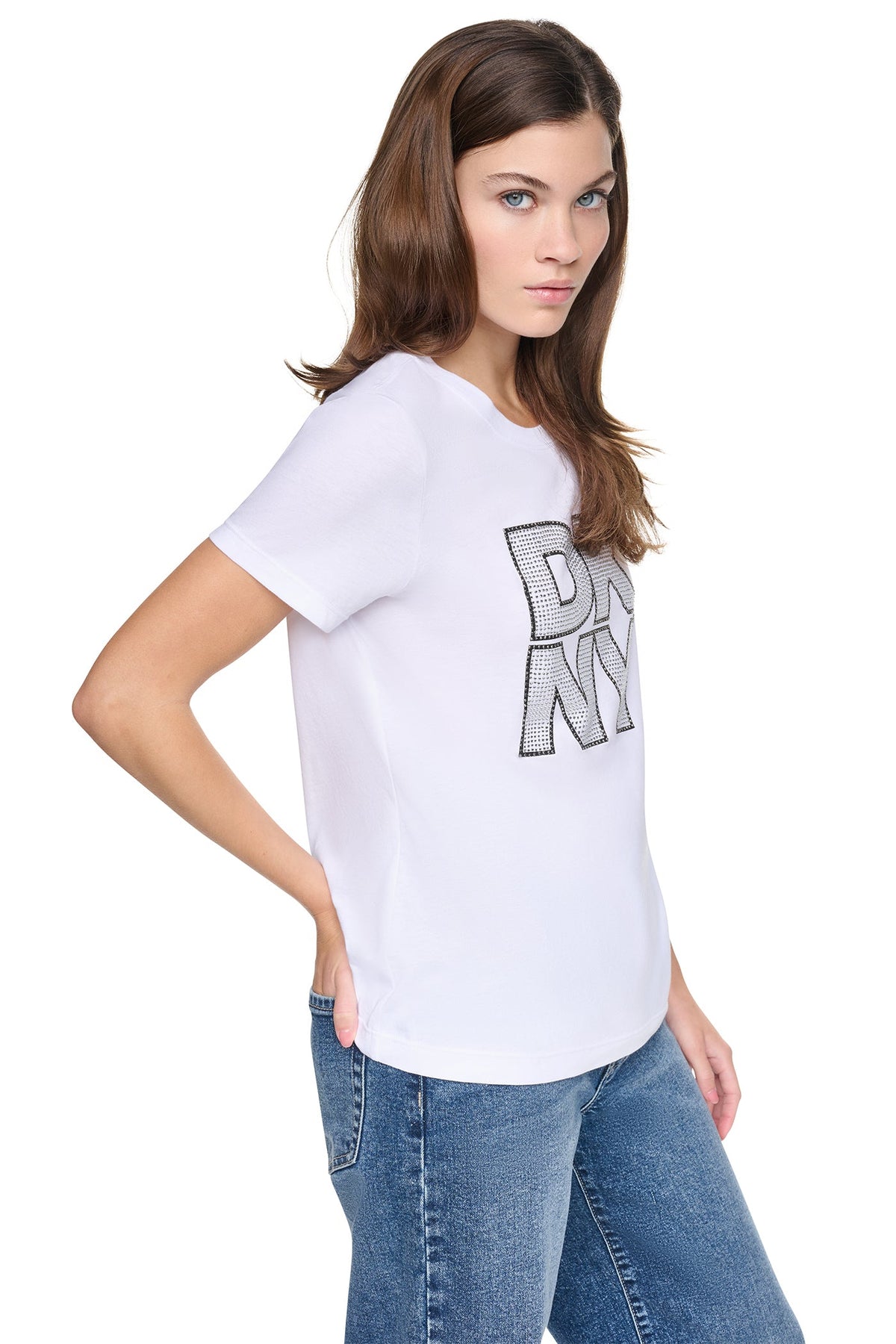 DKNY CRYSTAL DISTRESSED LOGO TEE