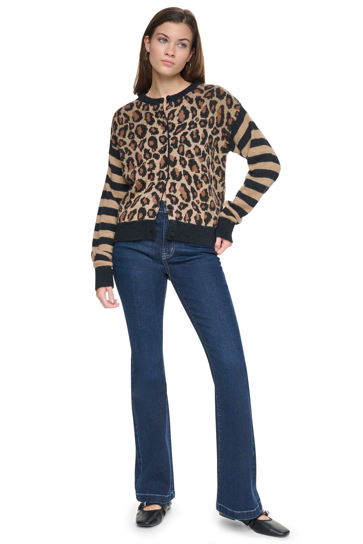 DKNY MIXED CHEETAH AND STRIPE CARDIGAN