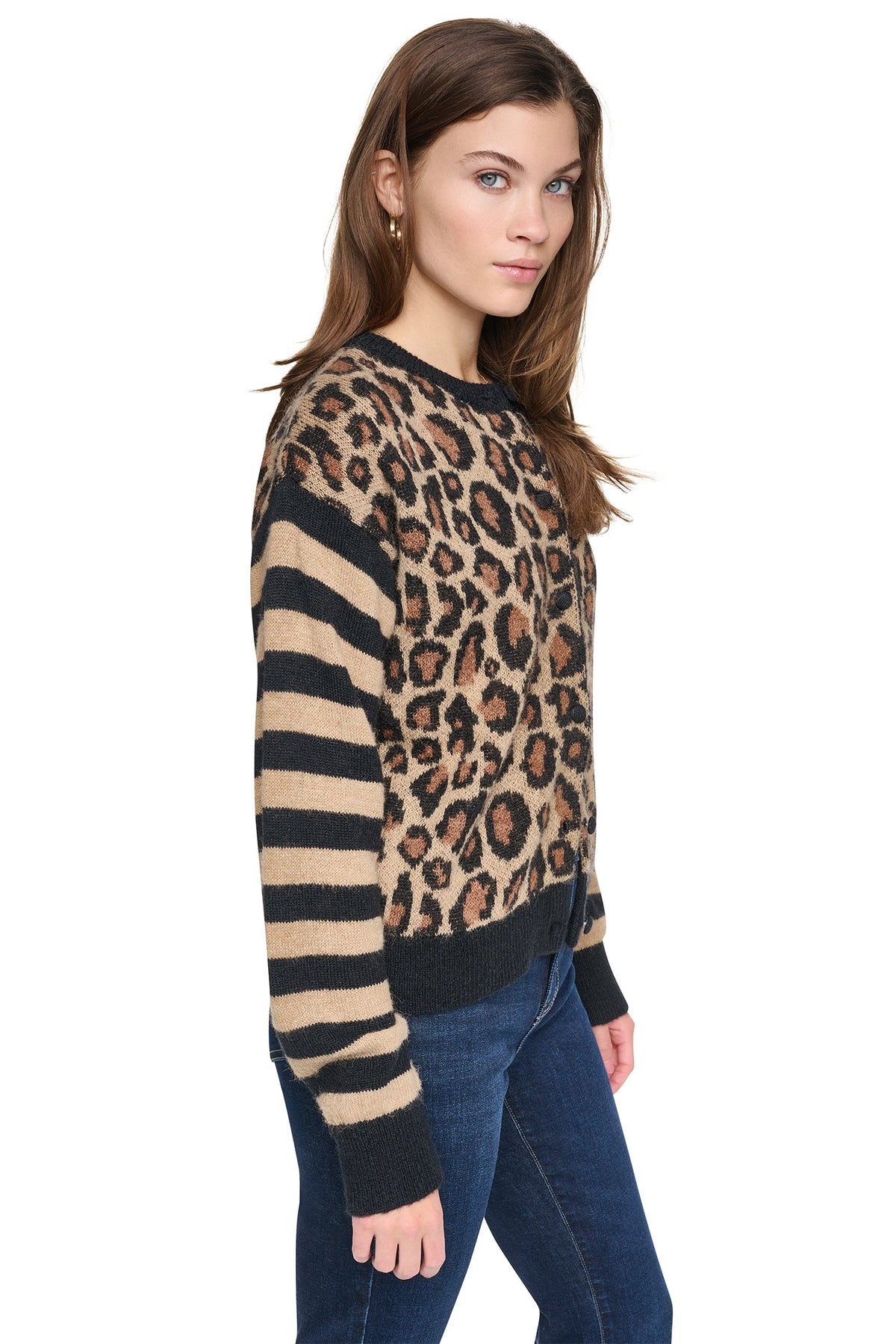 DKNY MIXED CHEETAH AND STRIPE CARDIGAN