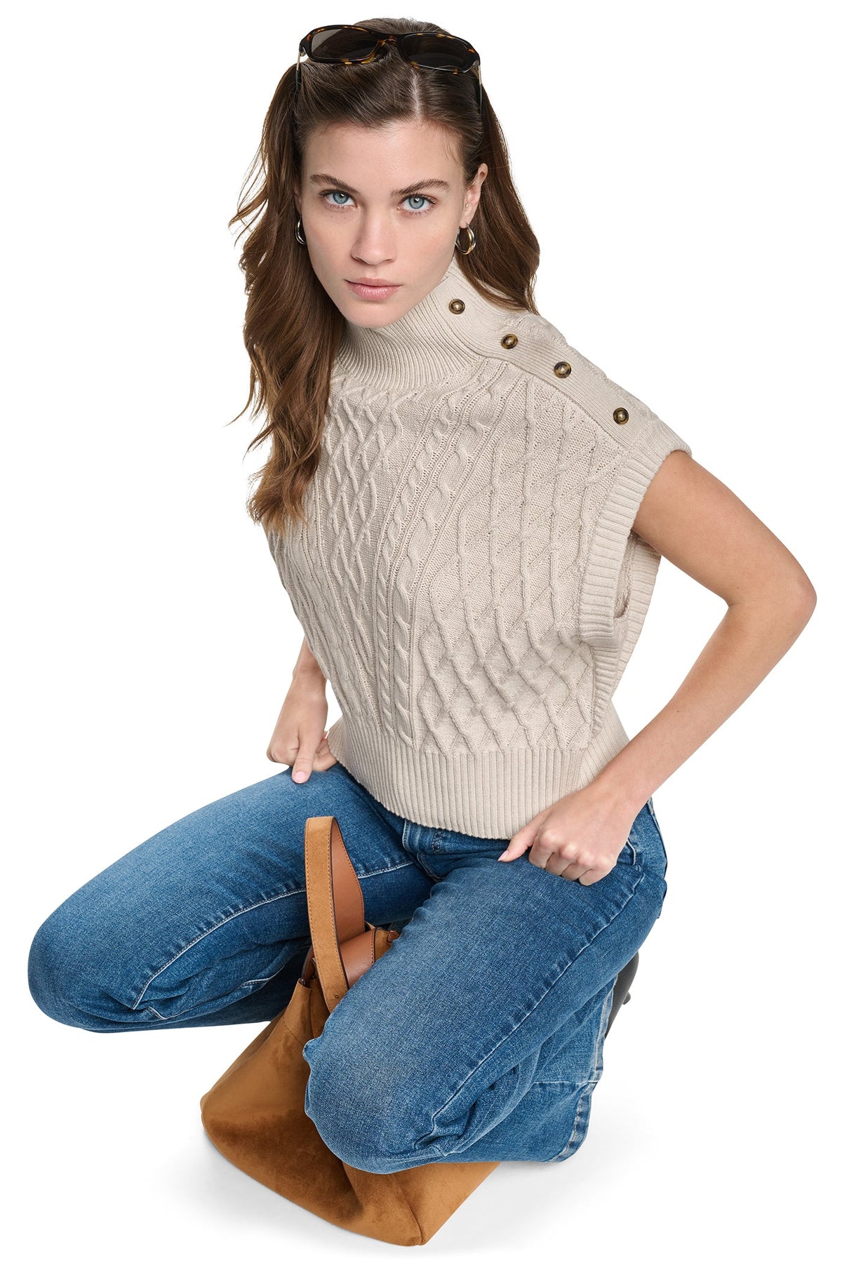 DKNY BUTTON SHOULDER CABLE SWEATER VEST