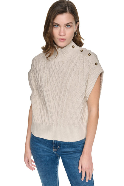 DKNY BUTTON SHOULDER CABLE SWEATER VEST