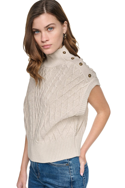 DKNY BUTTON SHOULDER CABLE SWEATER VEST
