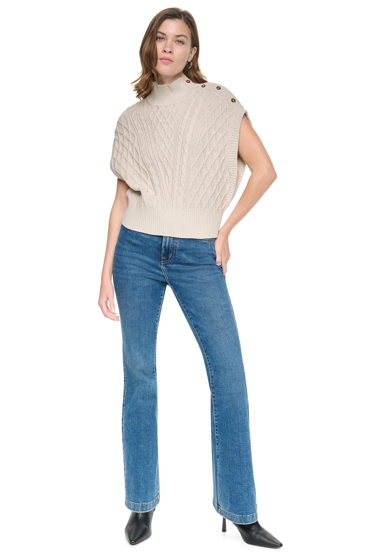 DKNY BUTTON SHOULDER CABLE SWEATER VEST