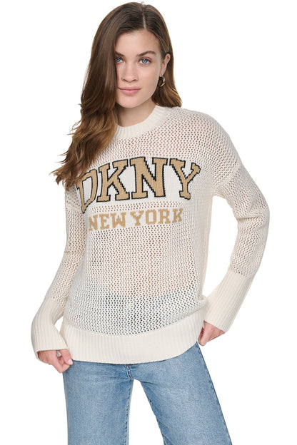 DKNY OPEN STITCH VARSITY LOGO SWEATER