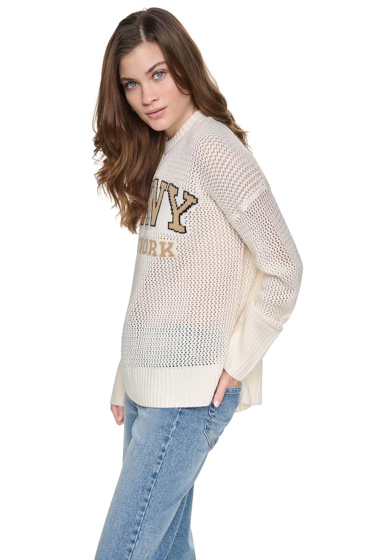 DKNY OPEN STITCH VARSITY LOGO SWEATER