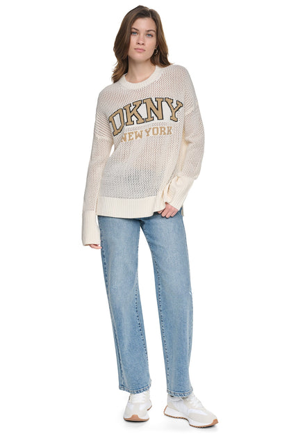 DKNY OPEN STITCH VARSITY LOGO SWEATER