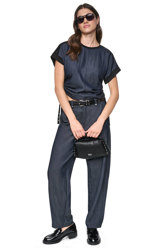 DKNY WASHED INDIGO SIDE RUCHED TOP
