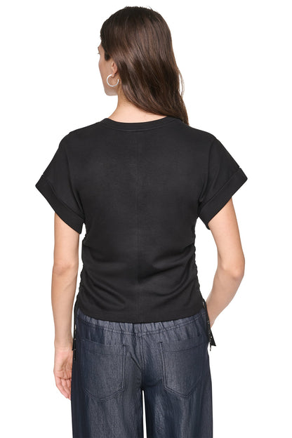 DKNY WASHED INDIGO SIDE RUCHED TOP