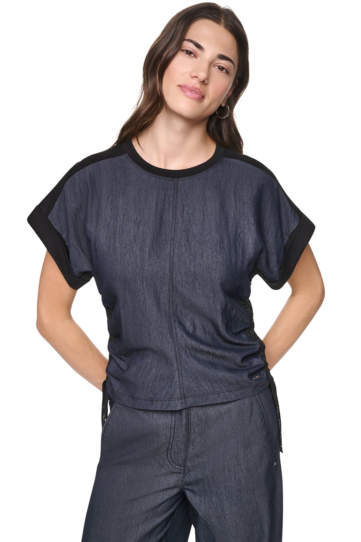 DKNY WASHED INDIGO SIDE RUCHED TOP