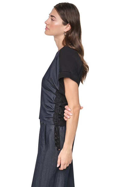 DKNY WASHED INDIGO SIDE RUCHED TOP