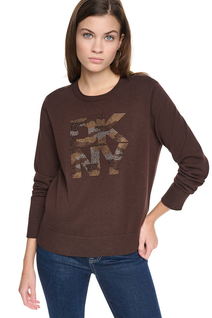 DKNY CAMO RHINESTONE LOGO SWEATER