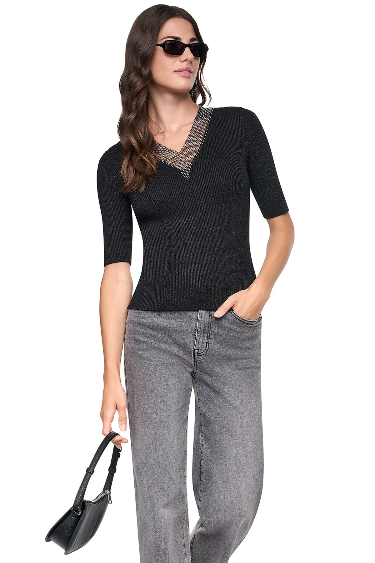 DKNY EMBELLISHED METALLIC SWEATER
