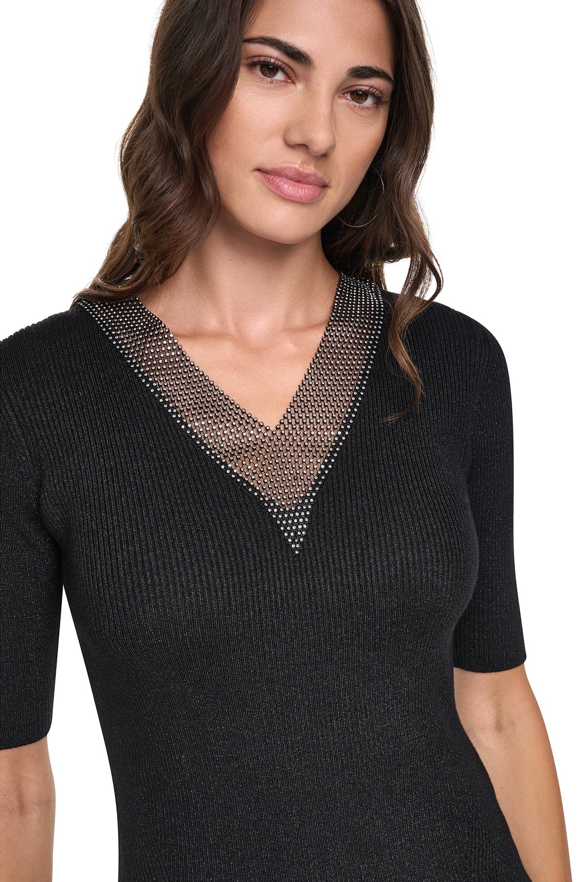 DKNY EMBELLISHED METALLIC SWEATER
