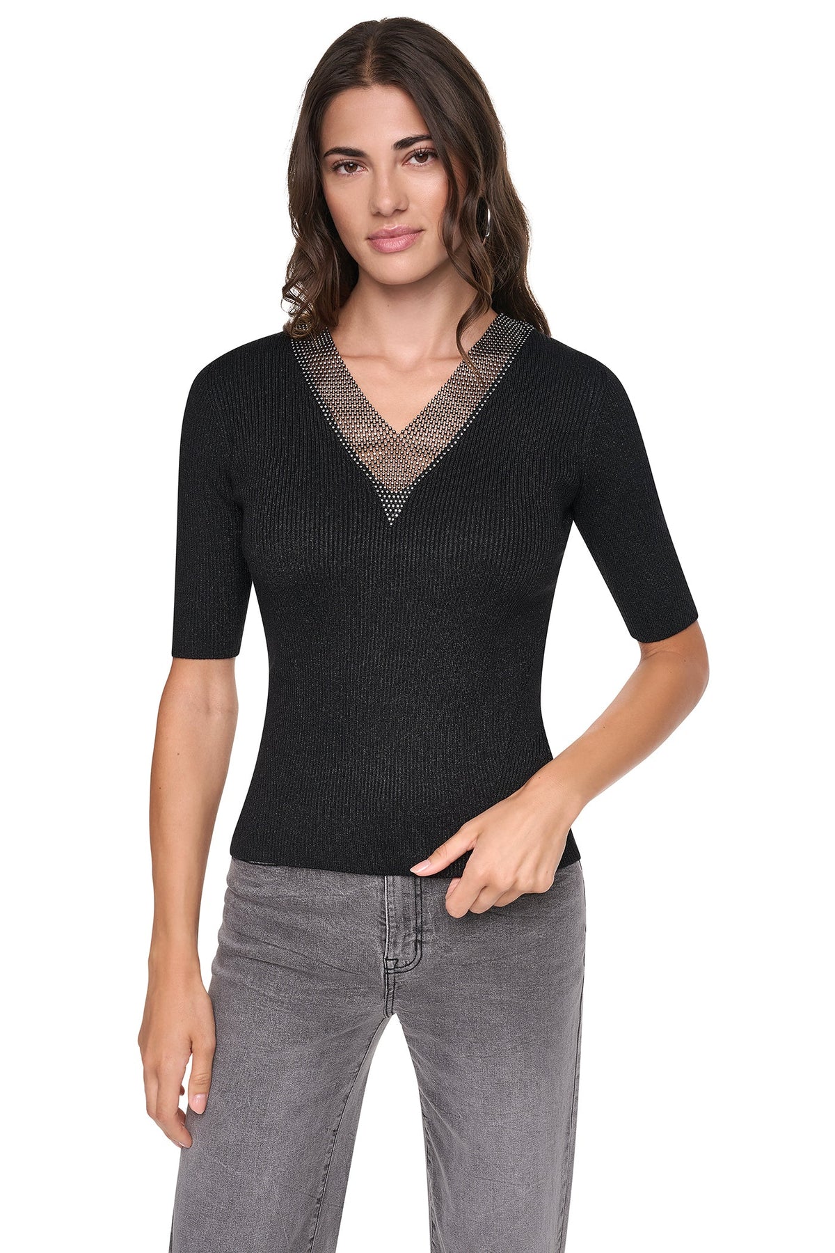 DKNY EMBELLISHED METALLIC SWEATER
