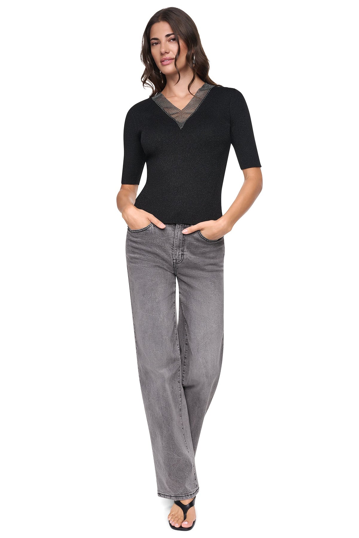 DKNY EMBELLISHED METALLIC SWEATER