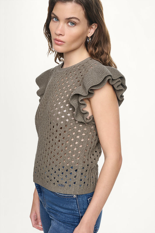 DKNY CHENILLE FLUTTER SLEEVE SWEATER