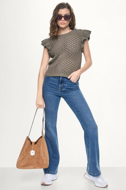 DKNY CHENILLE FLUTTER SLEEVE SWEATER