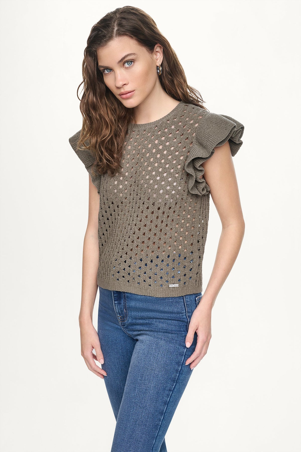 DKNY CHENILLE FLUTTER SLEEVE SWEATER